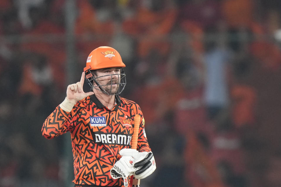 Sunrisers Hyderabad's Travis Head celebrates his fifty runs during the Indian Premier League cricket match between Sunrisers Hyderabad and Lucknow Super Giants in Hyderabad, India, Wednesday, May 8, 2024. (AP Photo/Mahesh Kumar A.)