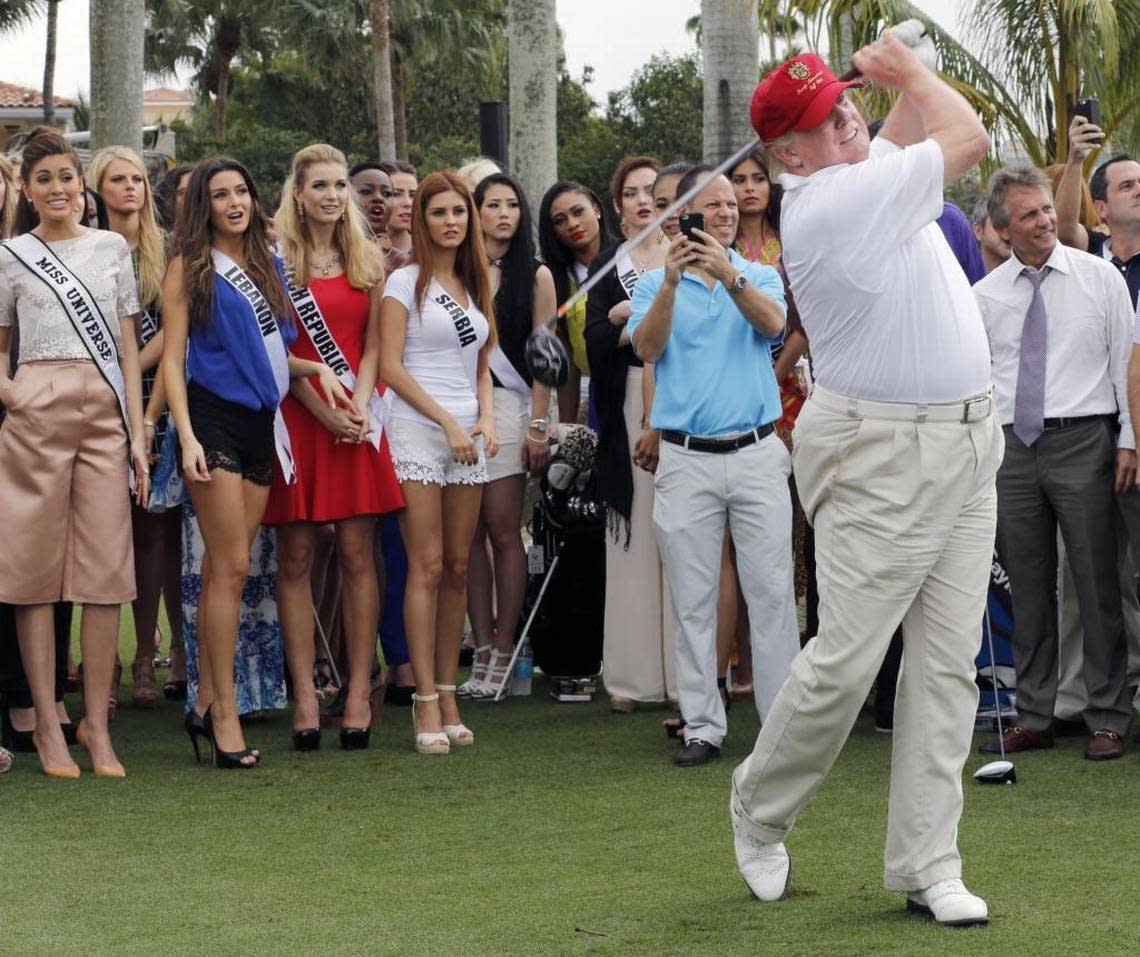 Donald Trump tees off at his Doral resort, in 2015. The resort has been closed by the coronavirus pandemic.