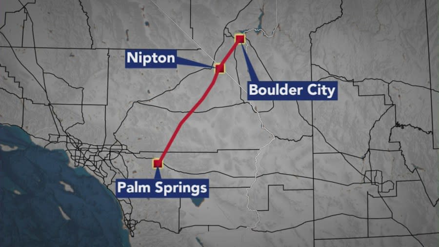 The flight path of a helicopter that crashed, killing six people onboard in San Bernardino County on Feb. 10, 2024. (KTLA)