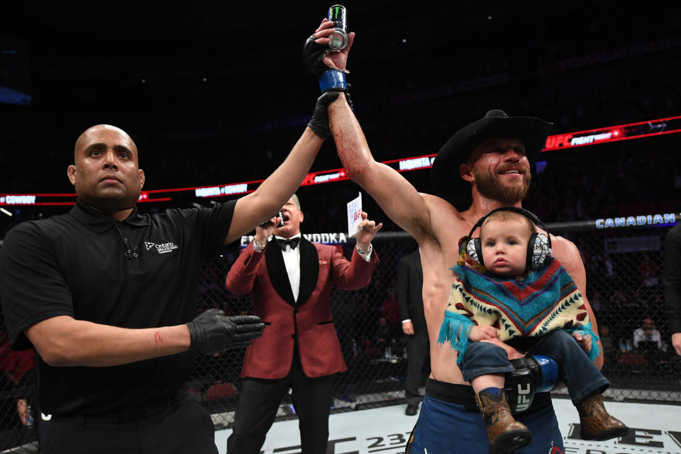 OTTAWA, ON - MAY 04:  Donald Cerrone celebrates his victory over Al Iaquinta after their lightweight bout during the UFC Fight Night event at Canadian Tire Centre on May 4, 2019 in Ottawa, Ontario, Canada. (Photo by Jeff Bottari/Zuffa LLC/Zuffa LLC via Getty Images)