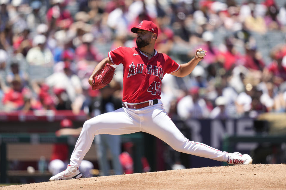 Los Angeles Angels starting pitcher Patrick Sandoval (43) throws during the second inning of a baseball game against the Chicago White Sox in Anaheim, Calif., Thursday, June 29, 2023. (AP Photo/Ashley Landis)