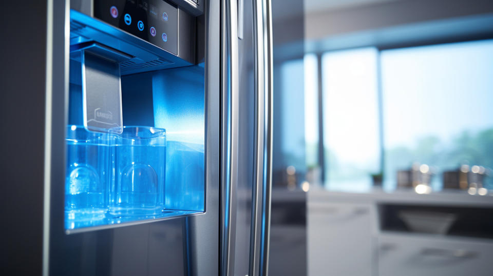 A close-up of a modern refrigerator with the company logo in the background.