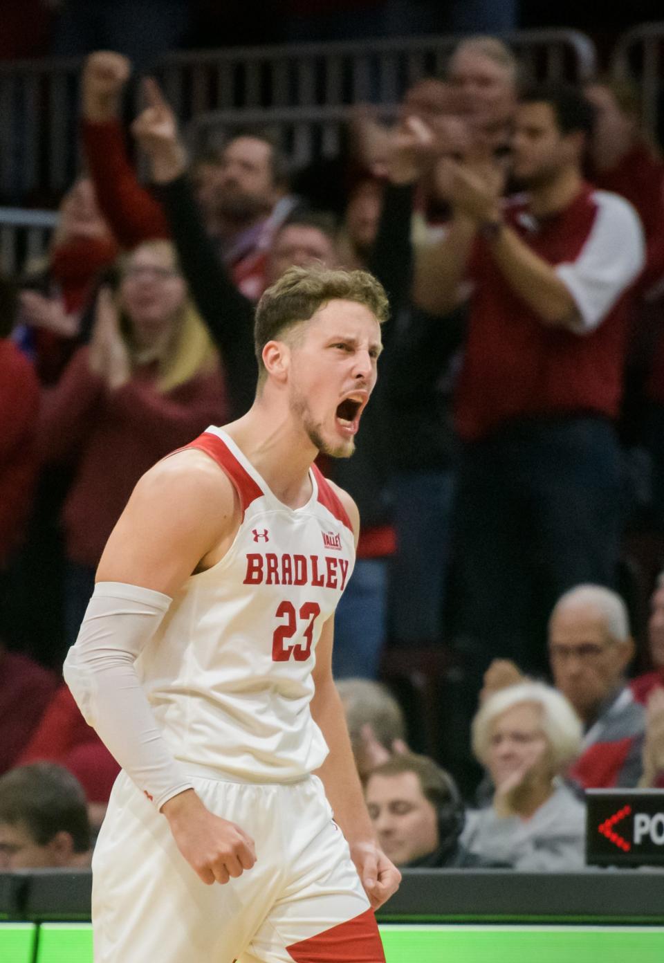Bradley's Ville Tahvanainen shows some emotion as the Braves take a big lead over Northern Iowa late in the second half of their Missouri Valley Conference basketball opener Wednesday, Nov. 30, 2022 at Carver Arena. The Braves defeated the Panthers 68-53.