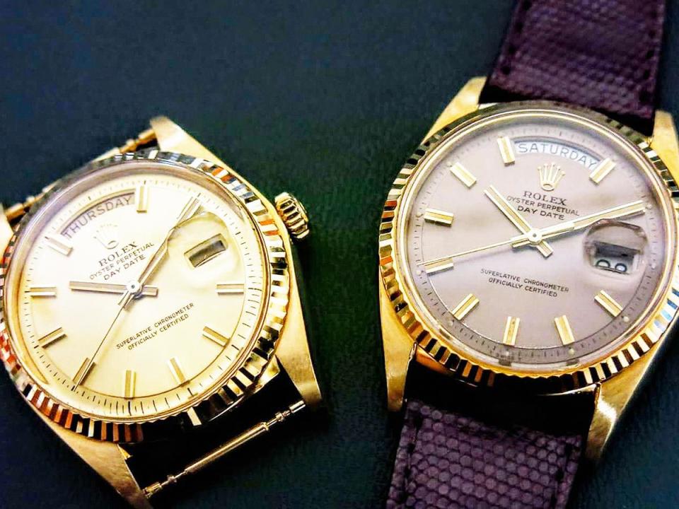 台灣人口中的「蟳」，指得大多是1956年誕生的Day-Date星期日曆型腕錶，18K金材質的稱為「紅蟳」、18K白金或鉑金材質的稱為「白蟳」。至於僅有日期顯示的Datejust 18K金腕錶，廣義來說也算是「紅蟳」。圖為產於1960年代初～1970年代末的Day-Date Ref.1803。
