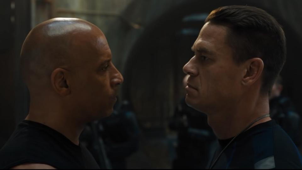 Vin Diesel and John Cena stare at each other from up close in F9