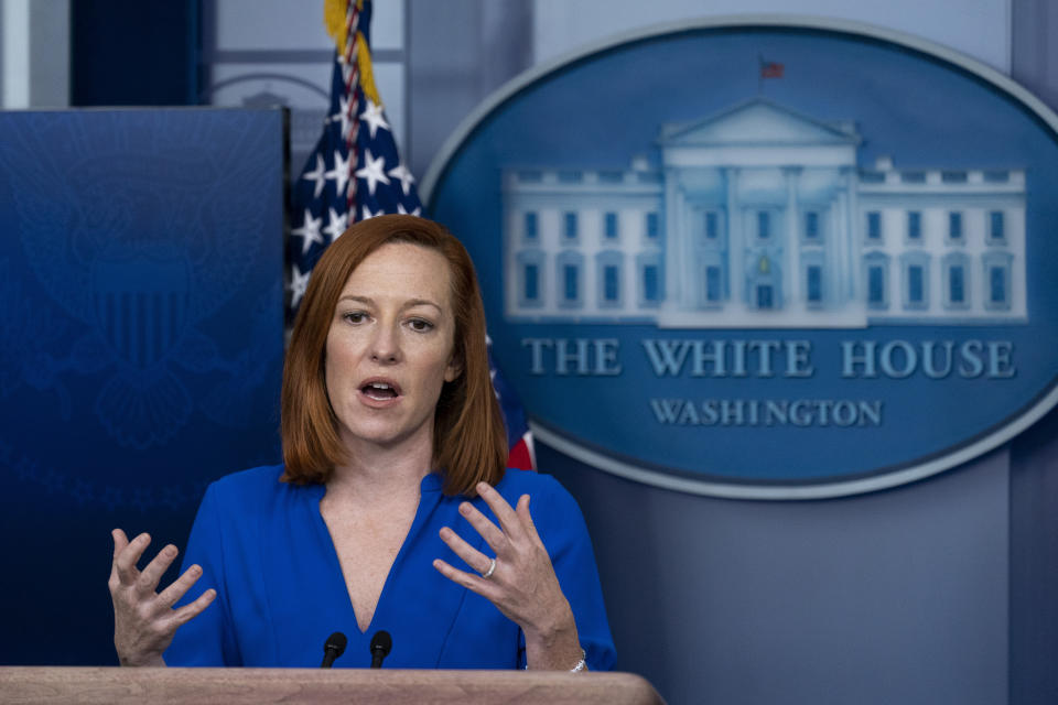 White House press secretary Jen Psaki speaks with reporters in the James Brady Press Briefing Room at the White House, Friday, March 12, 2021, in Washington. (AP Photo/Alex Brandon)