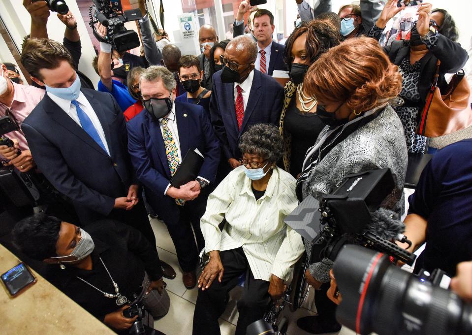 Claudette Colvin, along with family and attorneys, file papers to have her name cleared at family court in Montgomery, Ala., on Tuesday October 26, 2021. Colvin was convicted and given probation for not giving up her seat on a Montgomery bus in 1955