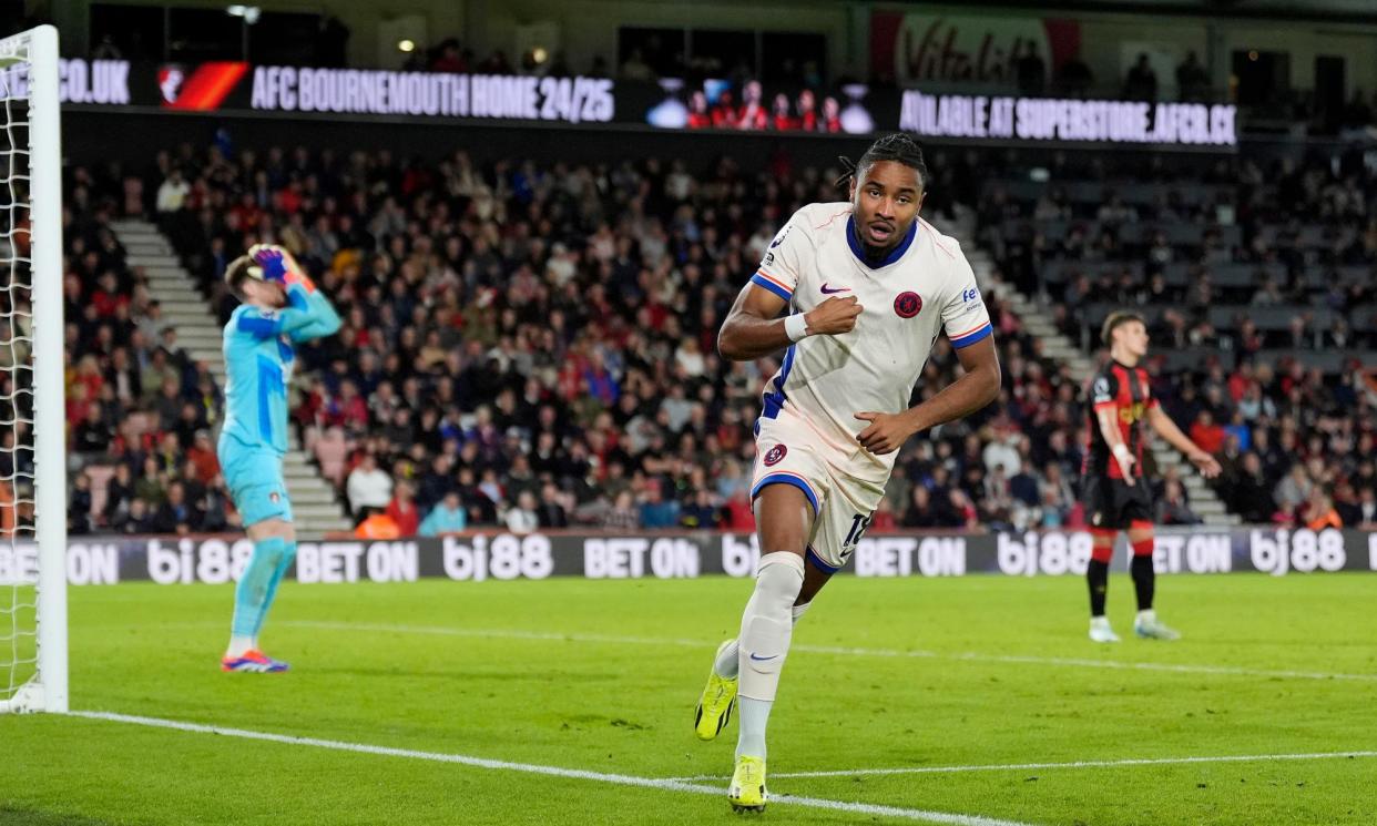 <span>Christopher Nkunku celebrates scoring the winner. There were 14 bookings for players in the match and one for Chelsea head coach, Enzo Maresca.</span><span>Photograph: Andrew Matthews/PA</span>