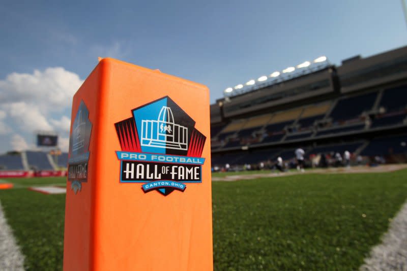 A general view of the end zone pylon prior to the Dallas Cowboys game against the Arizona Cardinals at the Pro Football Hall of Fame Game at Tom Benson Hall of Fame Stadium in Canton, Ohio, on August 3. On January 29, 1963, the first inductees of the Pro Football Hall of Fame included Sammy Baugh, Harold "Red" Grange, George Halas, Don Hutson and Jim Thorpe. File Photo by Aaron Josefczyk/UPI