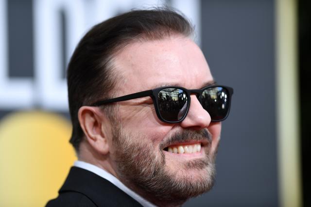 British host Ricky Gervais arrives for the 77th annual Golden Globe Awards on January 5, 2020, at The Beverly Hilton hotel in Beverly Hills, California. (Photo by VALERIE MACON / AFP) (Photo by VALERIE MACON/AFP via Getty Images)