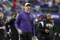 Minnesota Vikings head coach Kevin O'Connell watches from the sideline during the second half of an NFL football game against the New York Jets, Sunday, Dec. 4, 2022, in Minneapolis. (AP Photo/Bruce Kluckhohn)