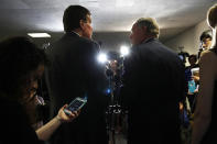 <p>Senate Intelligence Committee Chairman Sen. Richard Burr, R-N.C., right, and the committee’s vice chairman Sen. Mark Warner, D-Va., meet with reporters on Capitol Hill in Washington, May 11, 2017, following a closed-door meeting with Deputy Attorney General Rod Rosenstein during the committee’s hearing. (Photo: Jacquelyn Martin/AP) </p>