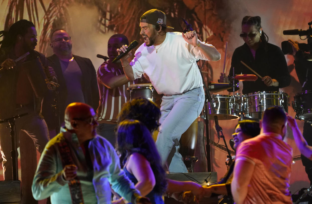 Bad Bunny performs a medley on stage at the 65th annual Grammy Awards on Sunday, Feb. 5, 2023, in Los Angeles. (AP Photo/Chris Pizzello)