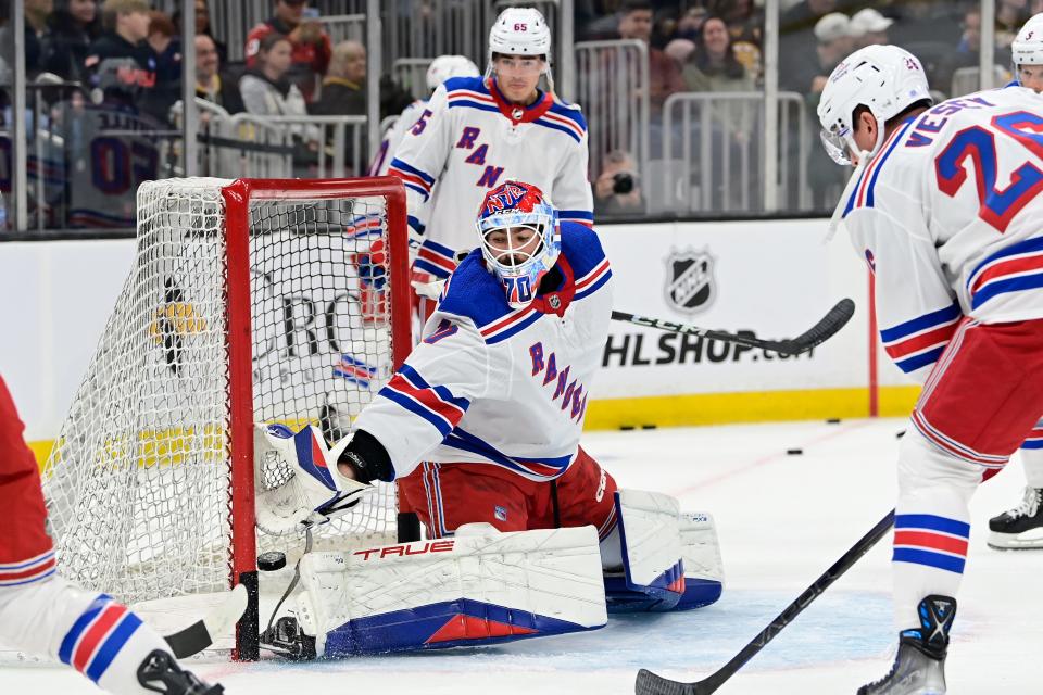 Sep 24, 2023; Boston, Massachusetts, USA; New York Rangers goalie Louis Domingue (70) warms-up prior to the game against Boston Bruins at TD Garden.