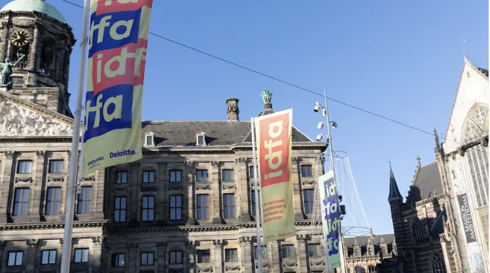 IDFA banners outside the press headquarters in Amsterdam