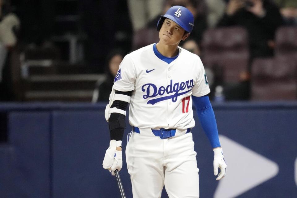 Shohei Ohtani reacts during an at-bat in the second inning Sunday.