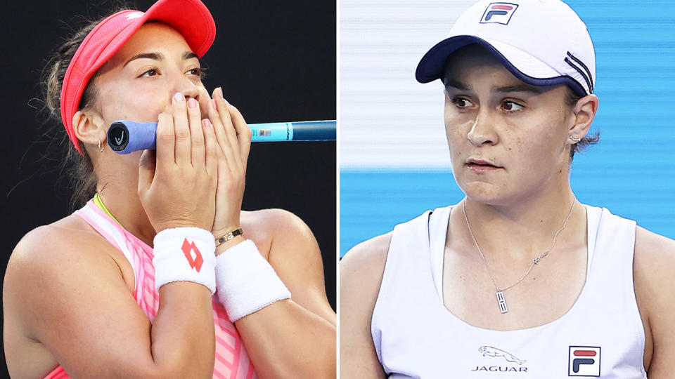 Ash Barty and Danka Kovinic, pictured here in action at the Australian Open.