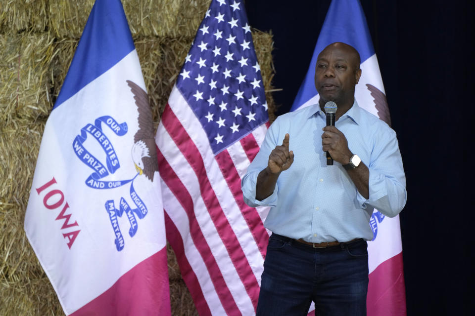 Republican presidential candidate South Carolina Sen. Tim Scott speaks during U.S. Sen. Joni Ernst's Roast and Ride, Saturday, June 3, 2023, in Des Moines, Iowa. (AP Photo/Charlie Neibergall)