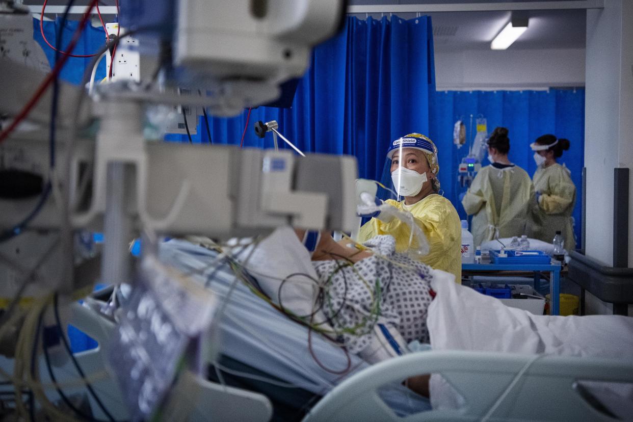 A nurse works on a patient in the ICU (Intensive Care Unit) in St George's Hospital in Tooting, south-west London, where the number of intensive care beds for the critically sick has had to be increased from 60 to 120, the vast majority of which are for coronavirus patients.