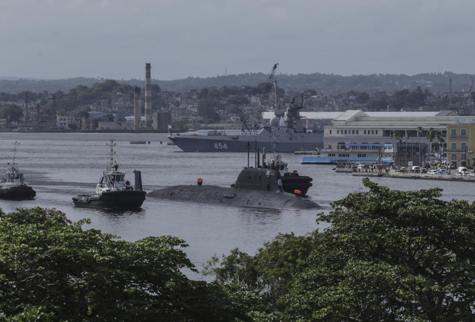 The nuclear-powered Russian submarine Kazan leaves the port of Havana, Cuba, Monday, June 17, 2024. A fleet of Russian warships arrived in Cuban waters last week ahead of planned military exercises in the Caribbean. (AP Photo/Ariel Ley)