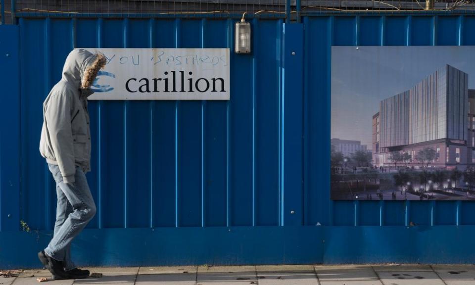 Defaced branding is seen outside Carillion's Royal Liverpool Hospital site which is being built by the construction company on January 19, 2018 in Liverpool, England. The company has announced it is to go into liquidation putting thousands of jobs at risk after talks between the company, its lenders and the government failed to reach a deal.