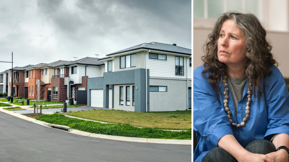 A row of house on an overcast day and a middle-aged woman looking concerned to represent the impact of rising interest rates.