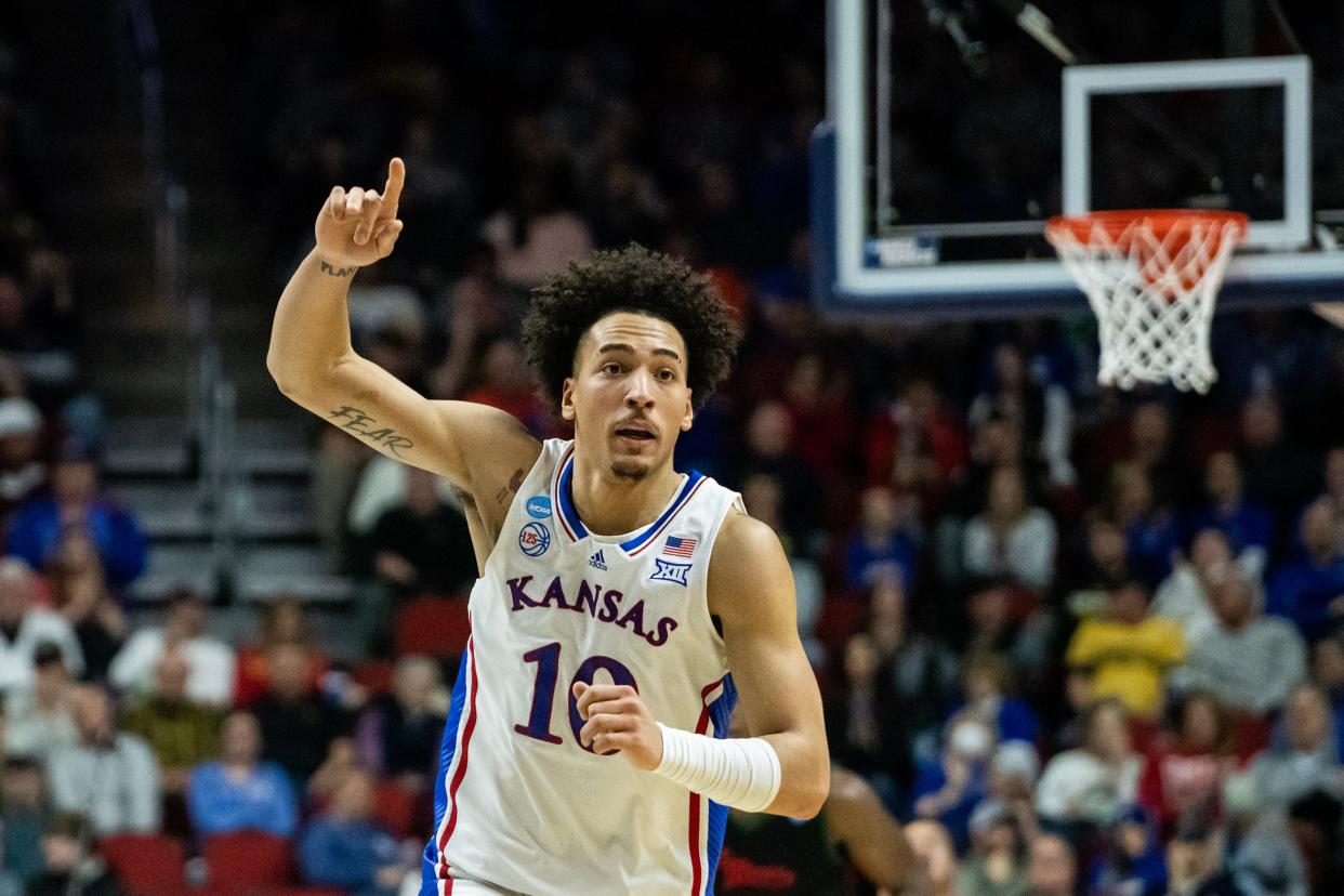 Kansas' Jalen Wilson celebrates scoring during a NCAA tournament game this year between Kansas and Howard on March 16 at Wells Fargo Arena, in Des Moines, Iowa.