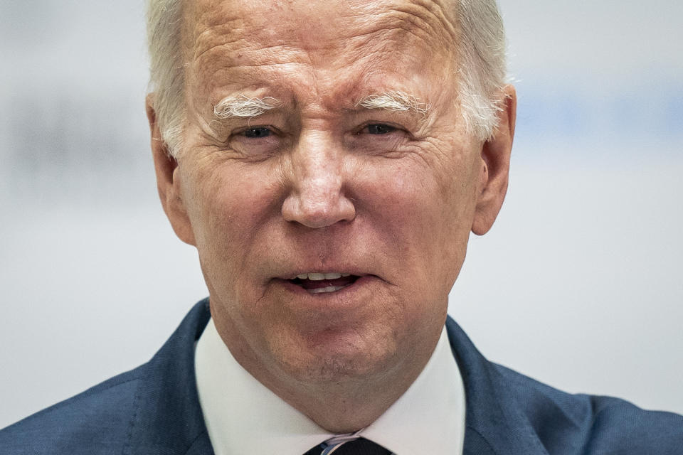 President Joe Biden delivers his keynote speech at Ulster University in Belfast, Northern Ireland, Wednesday, April 12, 2023. (Aaron Chown/PA via AP)