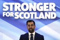 Newly elected Scottish National Party leader Humza Yousaf speaks after being announced new SNP leader, at Murrayfield Stadium, in Edinburgh, Scotland, Monday, March 27, 2023. Scotland’s governing Scottish National Party elected Yousaf as its new leader on Monday after a bruising five-week contest that exposed deep fractures within the pro-independence movement. The 37-year-old son of South Asian immigrants is set to become the first person of color to serve as Scotland’s first minister. (Andrew Milligan/PA via AP)