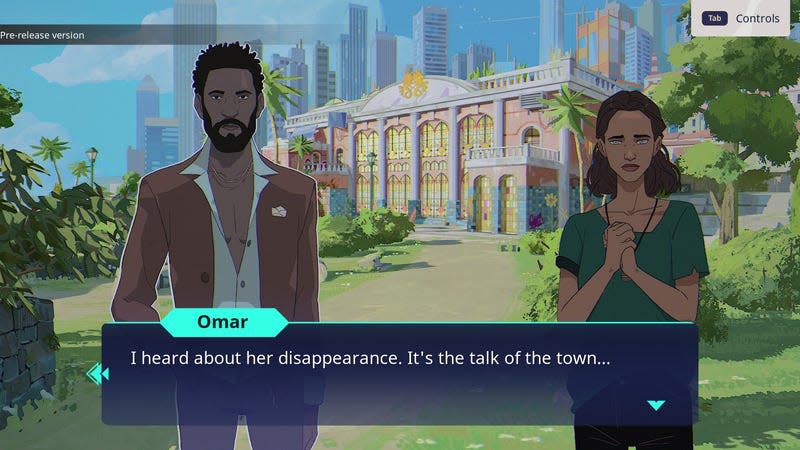 Omar and Polly are seen talking, with a text box that reads "I heard about her disappearance. It's the talk of the town..."