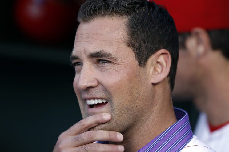 Former Phillies outfielder Pat Burrell is a fan of one giveaway, we think. (AP Photo)