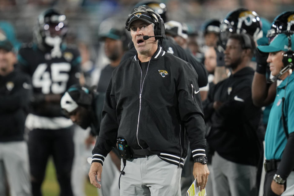 Jacksonville Jaguars head coach Doug Pederson reacts from the sidelines during the first half of an NFL football game against the Cincinnati Bengals, Monday, Dec. 4, 2023, in Jacksonville, Fla. (AP Photo/John Raoux)