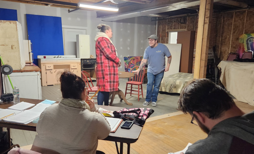 Director Brienne Riccio, left, looks on as cast members Katie Gregory and Richie Oliver, right, rehearse a scene for 'Crimes of the Heart' opening at Your Theatre on March 1.