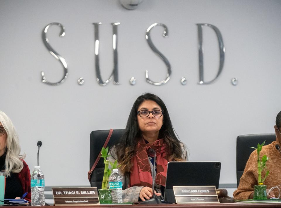 Stockton Unified School District board president AngelAnn Flores calls a special study session to order at the SUSD Arthur Coleman Jr. Administrative Complex in downtown Stockton on Tuesday, Jan. 24, 2023.