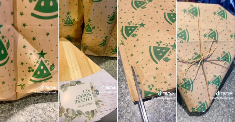 Step by step images of a Woolworths paper bag being repurposed as wrapping paper from TikTok.