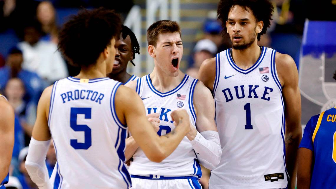 Duke’s Kyle Filipowski (30) celebrates after making the basket while being fouled during the first half of Duke’s game against Pitt in the quarterfinals of the ACC Men’s Basketball Tournament in Greensboro, N.C., Thursday, March 9, 2023.