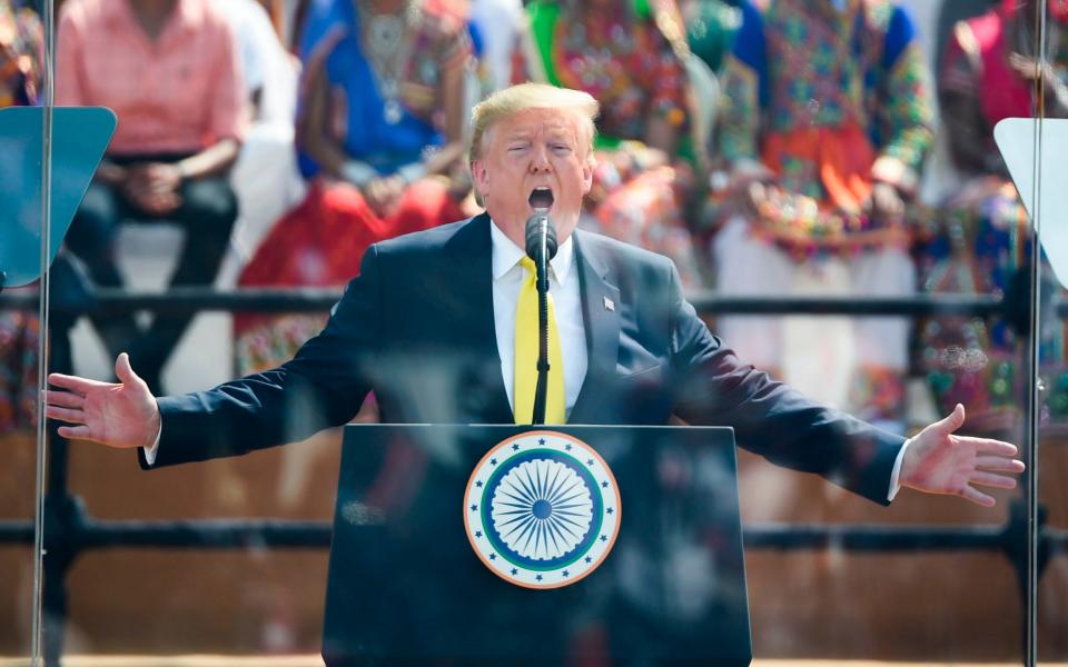 US President Donald Trump speaks during 'Namaste Trump' rally at Sardar Patel Stadium in Motera, on the outskirts of Ahmedabad, on February 24, 2020. - Getty Images