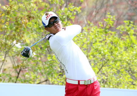 Hur In-hoe hits his tee shot at a golf tournament in Pocheon, South Korea, in this handout picture provided by KPGA and released by News1 on April 26, 2015. Picture taken on April 26, 2015. REUTERS/KPGA/News1