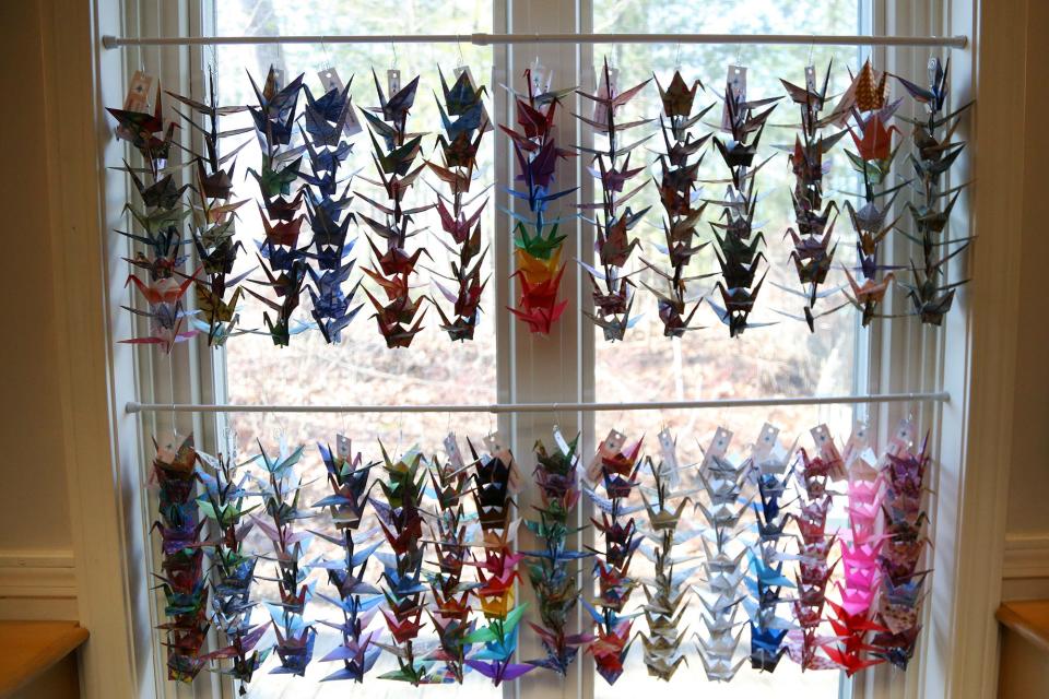 Michael Stone organizes his Chain of Cranes origamis at the  Brixham Montessori Friends School in York.