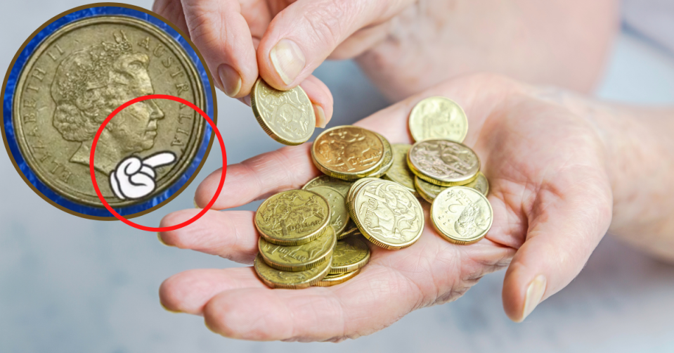 $1 coin with rare detail being highlighted. A hand holding many Australian $1 coins.