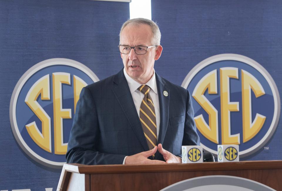 Southeastern Conference Commissioner Greg Sankey announces that Pensacola's Ashton Bronshanham Soccer Complex will be the new home of the SEC Women's Soccer Tournament during a press conference in Pensacola Beach on Wednesday, Feb. 23, 2022.