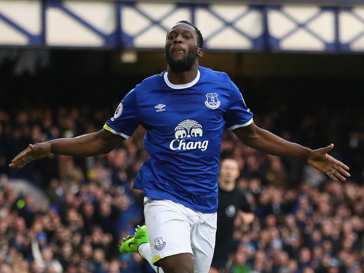 Romelu Lukaku celebrates his 60th goal for Everton on Saturday: Getty