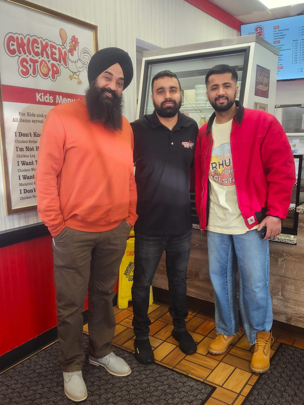 Owners Jagtar Singh, Kapil Mirg and Kunal Kunal at The Chicken Stop on Saturday, April 6, 2024.