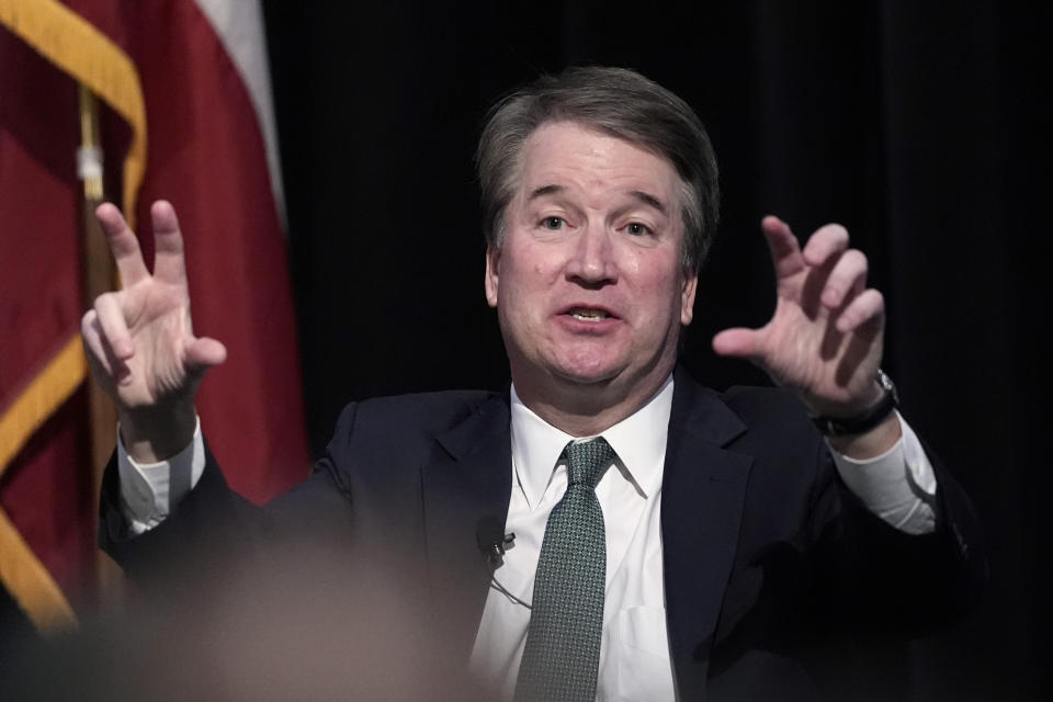 Supreme Court Justice Brett Kavanaugh answers questions during a judicial conference, Friday, May 10, 2024, in Austin, Texas. (AP Photo/Eric Gay)
