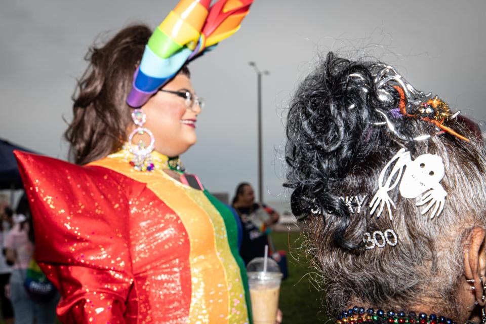 Drag queen Milani Vanjie Paris speaks with Aida Torres during the Pride Block Party on Saturday, Oct. 7, 2023, in Corpus Christi, Texas.