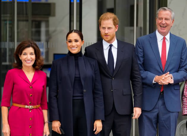 Gov. Kathy Hochul, the Duke and Duchess of Sussex, and Mayor Bill de Blasio visit One World Trade Center on Sept. 23 in New York City. (Photo: Gotham via Getty Images)