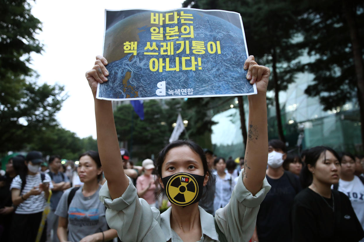 People in Seoul, South Korea, protest the Japanese government's decision to release treated radioactive water into the Pacific Ocean