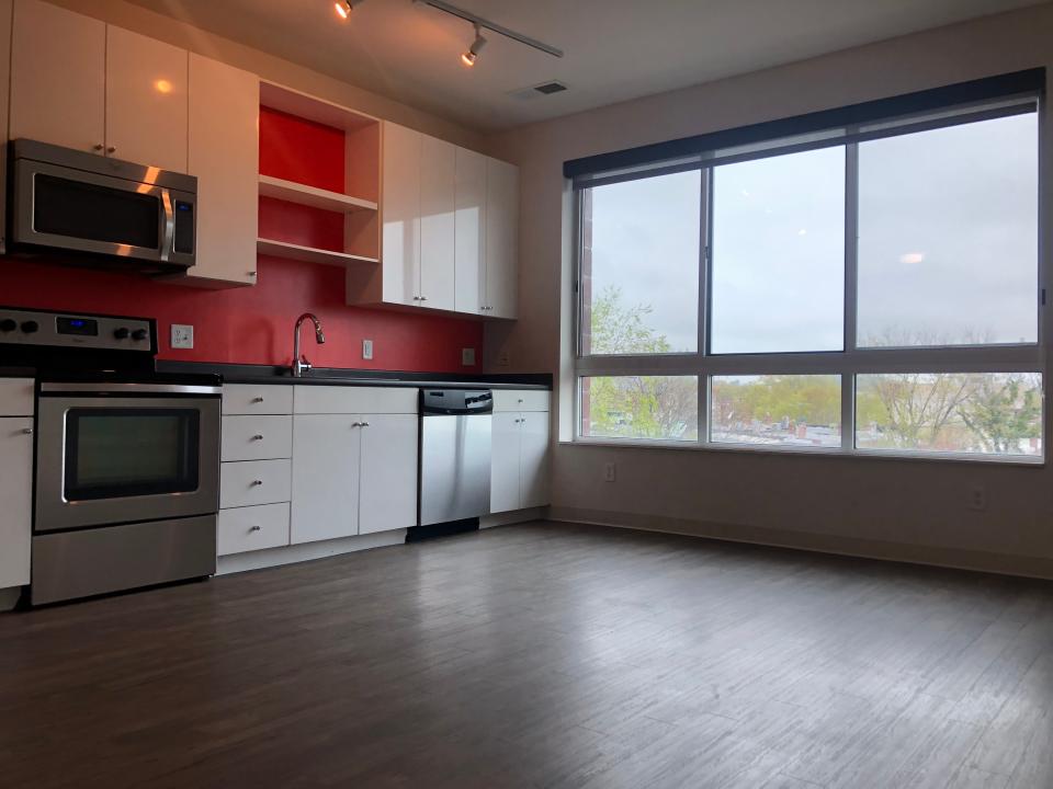 the living room and kitchen at the dc apartment