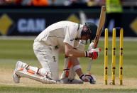 Australia's captain Steve Smith hammers a bail into the pitch using his bat during the second day of the third cricket test match against New Zealand at the Adelaide Oval, in South Australia, November 28, 2015. REUTERS/David Gray