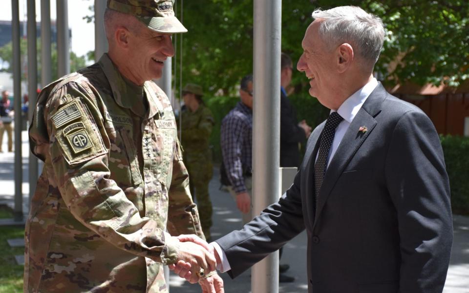This handout photograph released by NATO's Resolute Support Mission in Afghanistan on April 24, 2017 shows US Secretary of Defense James Mattis arriving at Resolute Support headquarters in Kabul to meet with US Army General John Nicholson (L), commander of US forces in Afghanistan - Credit: AFP